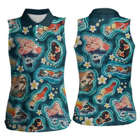 Hawaiian and Japanese Culture Together Women Sleeveless Polo Shirt Hawaiian Island Shapes with Japanese Landscape Teal Color