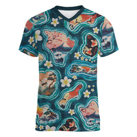 Hawaiian and Japanese Culture Together Women V-Neck T-Shirt Hawaiian Island Shapes with Japanese Landscape Teal Color LT03 Female Teal - Polynesian Pride