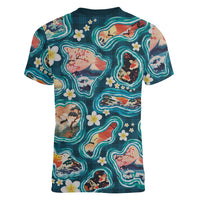 Hawaiian and Japanese Culture Together Women V-Neck T-Shirt Hawaiian Island Shapes with Japanese Landscape Teal Color LT03 - Polynesian Pride