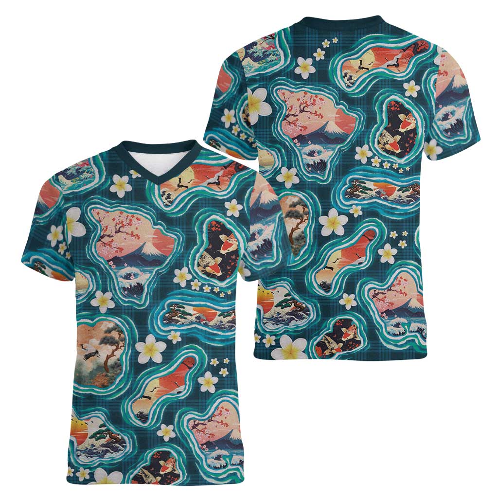 Hawaiian and Japanese Culture Together Women V-Neck T-Shirt Hawaiian Island Shapes with Japanese Landscape Teal Color LT03 - Polynesian Pride