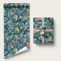 Hawaiian and Japanese Culture Together Wrapping Paper Hawaiian Island Shapes with Japanese Landscape Teal Color