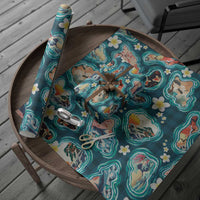 Hawaiian and Japanese Culture Together Wrapping Paper Hawaiian Island Shapes with Japanese Landscape Teal Color