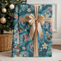 Hawaiian and Japanese Culture Together Wrapping Paper Hawaiian Island Shapes with Japanese Landscape Teal Color