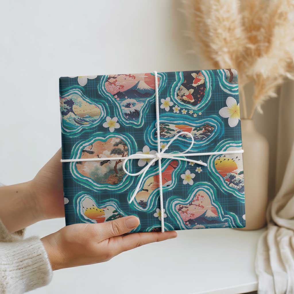 Hawaiian and Japanese Culture Together Wrapping Paper Hawaiian Island Shapes with Japanese Landscape Teal Color