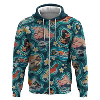 Hawaiian and Japanese Culture Together Zip Hoodie Hawaiian Island Shapes with Japanese Landscape Teal Color