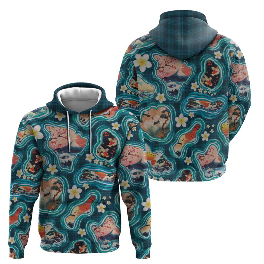 Hawaiian and Japanese Culture Together Zip Hoodie Hawaiian Island Shapes with Japanese Landscape Teal Color