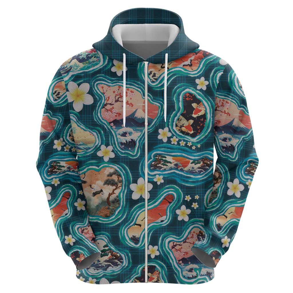 Hawaiian and Japanese Culture Together Zip Hoodie Hawaiian Island Shapes with Japanese Landscape Teal Color