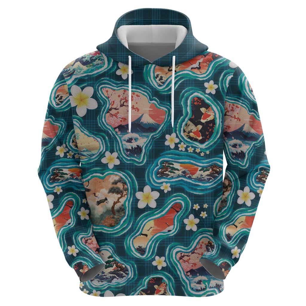 Hawaiian and Japanese Culture Together Zip Hoodie Hawaiian Island Shapes with Japanese Landscape Teal Color