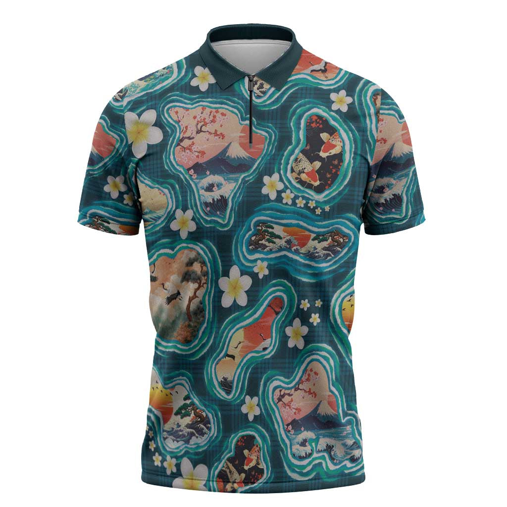 Hawaiian and Japanese Culture Together Zipper Polo Shirt Hawaiian Island Shapes with Japanese Landscape Teal Color LT03 Teal - Polynesian Pride