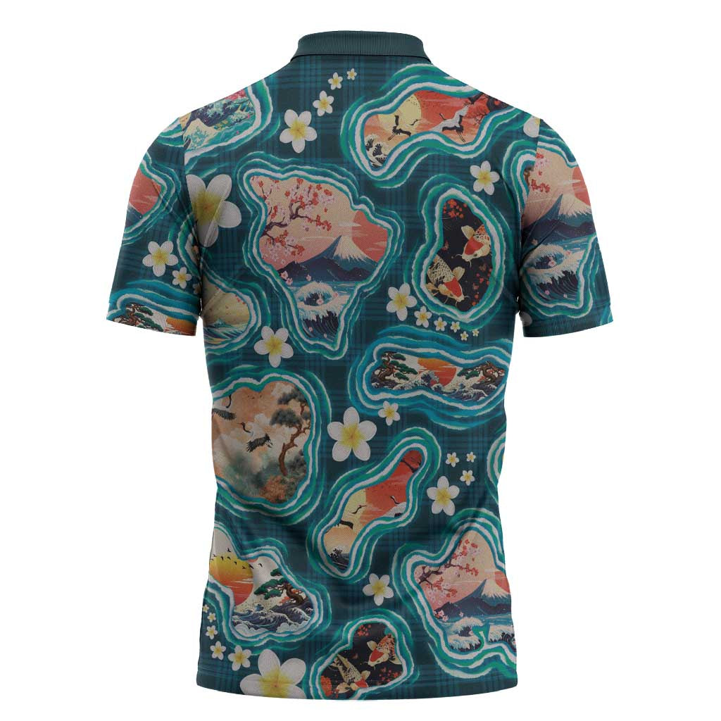 Hawaiian and Japanese Culture Together Zipper Polo Shirt Hawaiian Island Shapes with Japanese Landscape Teal Color LT03 - Polynesian Pride