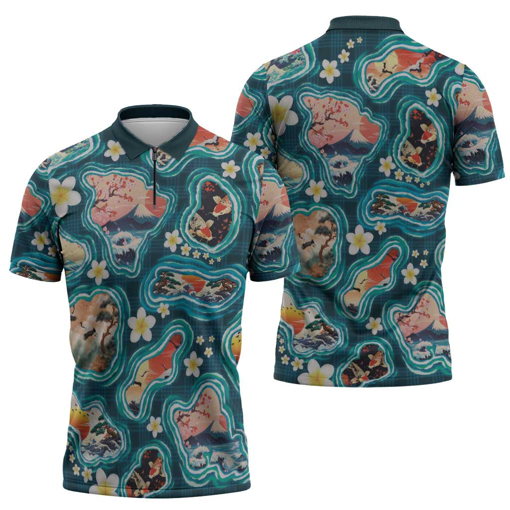 Hawaiian and Japanese Culture Together Zipper Polo Shirt Hawaiian Island Shapes with Japanese Landscape Teal Color LT03 - Polynesian Pride