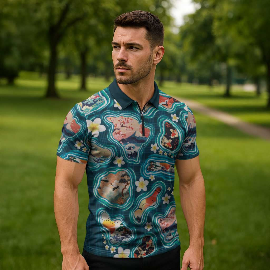 Hawaiian and Japanese Culture Together Zipper Polo Shirt Hawaiian Island Shapes with Japanese Landscape Teal Color LT03 - Polynesian Pride