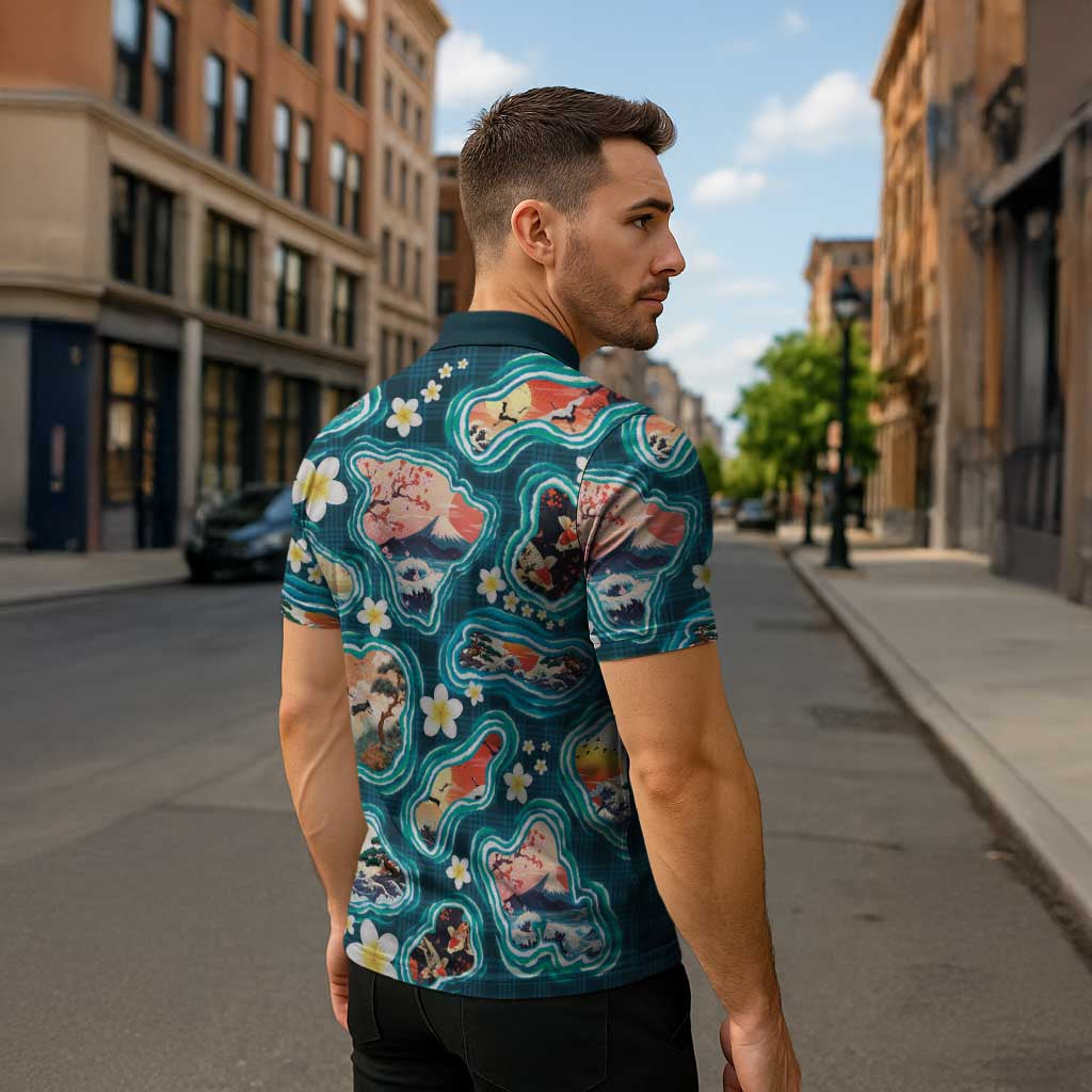 Hawaiian and Japanese Culture Together Zipper Polo Shirt Hawaiian Island Shapes with Japanese Landscape Teal Color LT03 - Polynesian Pride