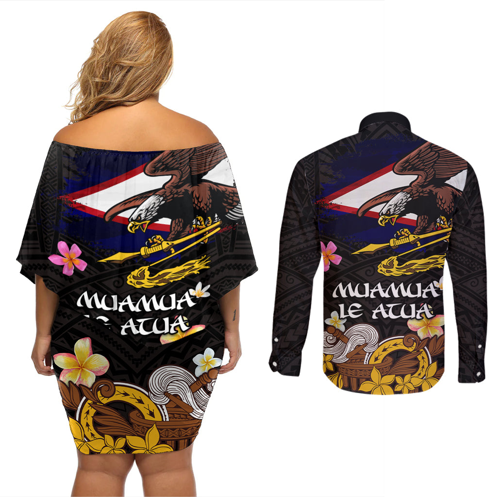 American Samoa Fue and Kava Bowl Couples Matching Off Shoulder Short Dress and Long Sleeve Button Shirt Plumeria and Polynesian Pattern