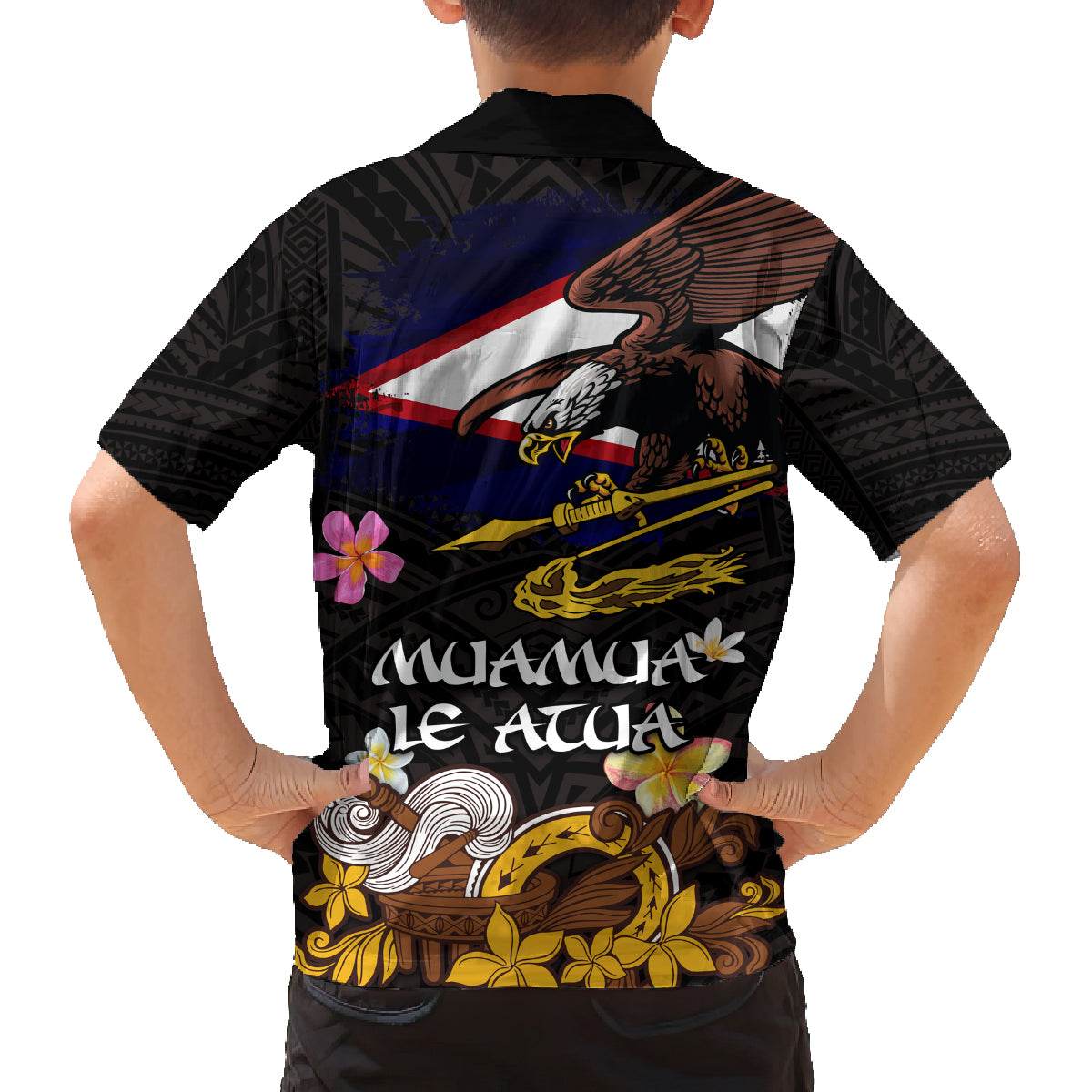 American Samoa Fue and Kava Bowl Family Matching Long Sleeve Bodycon Dress and Hawaiian Shirt Plumeria and Polynesian Pattern