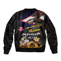 American Samoa Fue and Kava Bowl Sleeve Zip Bomber Jacket Plumeria and Polynesian Pattern