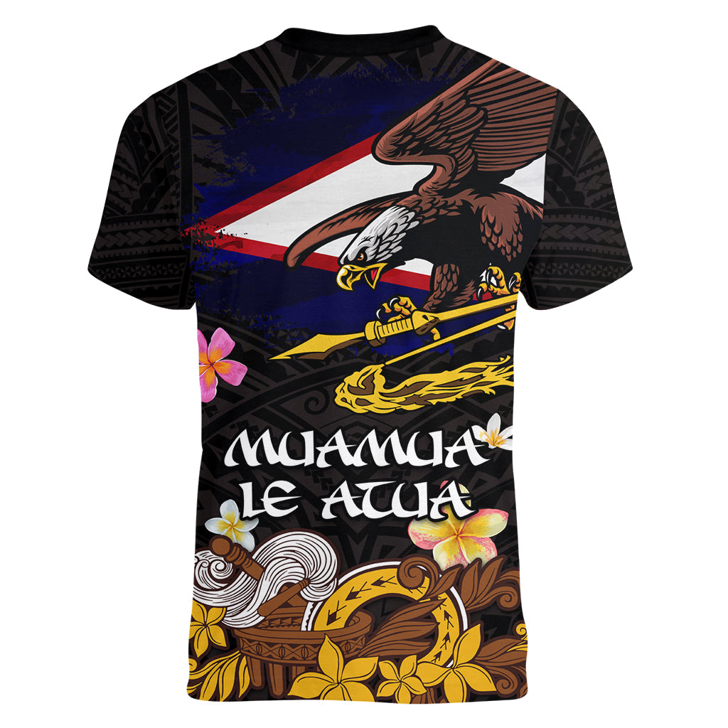 American Samoa Fue and Kava Bowl Women V-Neck T-Shirt Plumeria and Polynesian Pattern