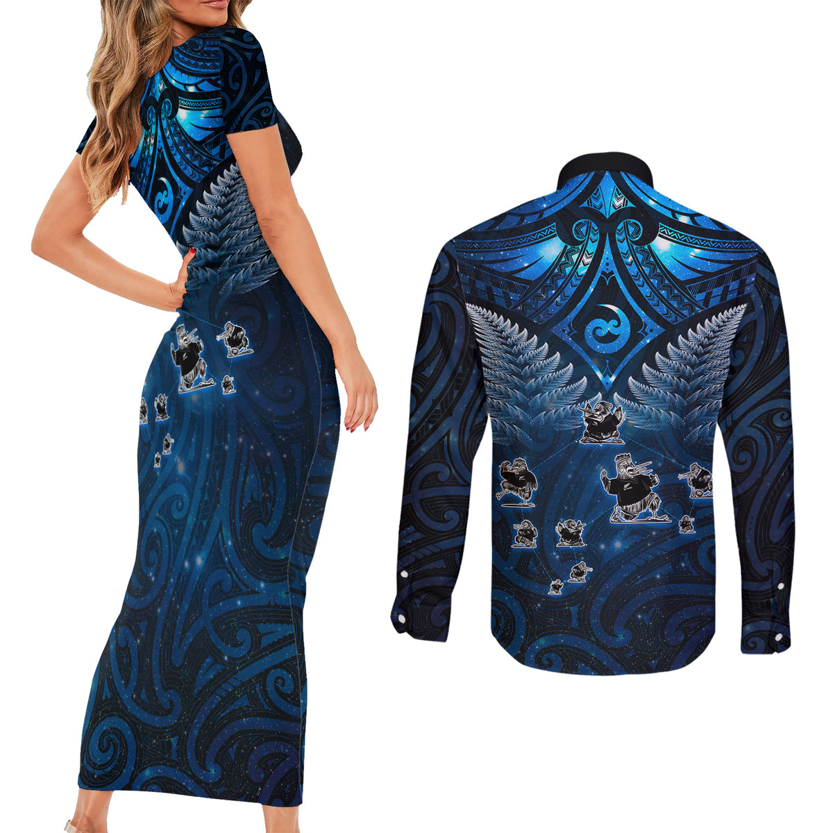 New Zealand Matariki Couples Matching Short Sleeve Bodycon Dress and Long Sleeve Button Shirt Maori Pattern and Kiwi Bird Haka Dance Sky Night