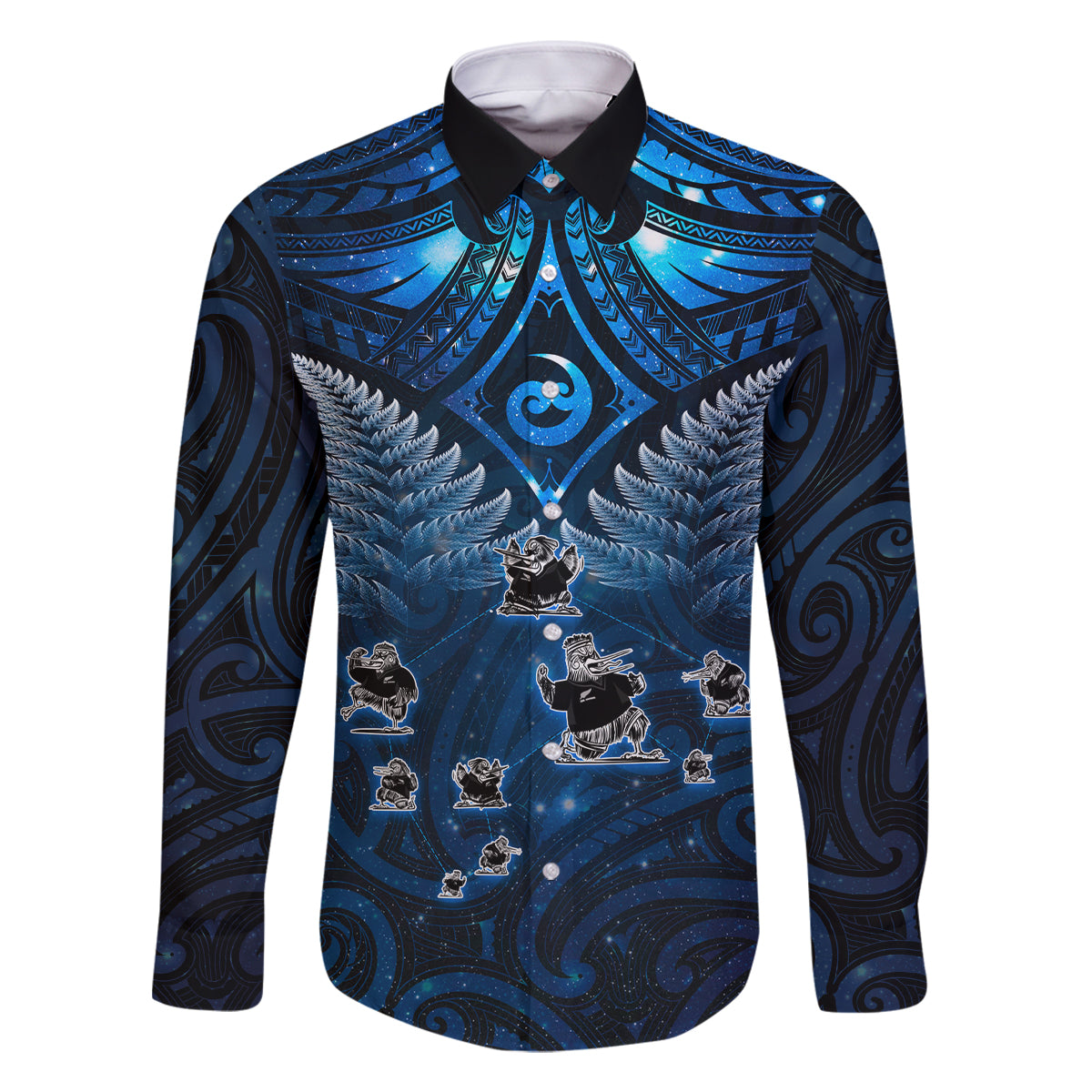 New Zealand Matariki Family Matching Long Sleeve Bodycon Dress and Hawaiian Shirt Maori Pattern and Kiwi Bird Haka Dance Sky Night
