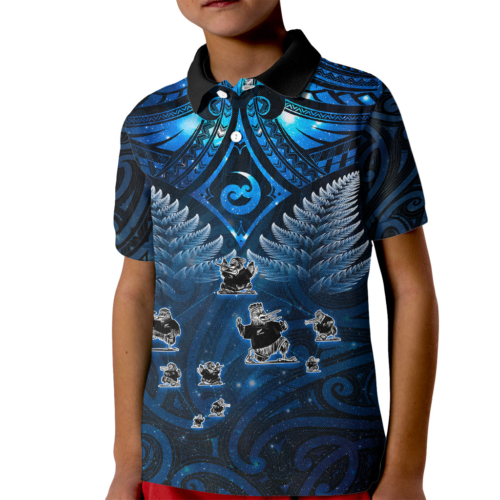 New Zealand Matariki Kid Polo Shirt Maori Pattern and Kiwi Bird Haka Dance Sky Night