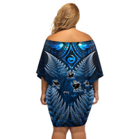 New Zealand Matariki Off Shoulder Short Dress Maori Pattern and Kiwi Bird Haka Dance Sky Night