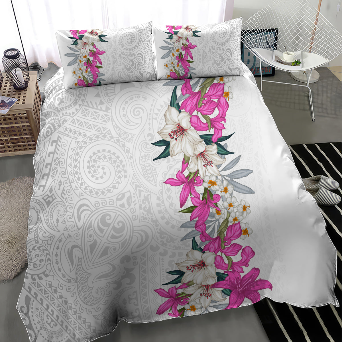 Hawaii Tropical Leaves and Flowers Bedding Set Tribal Polynesian Pattern White Style