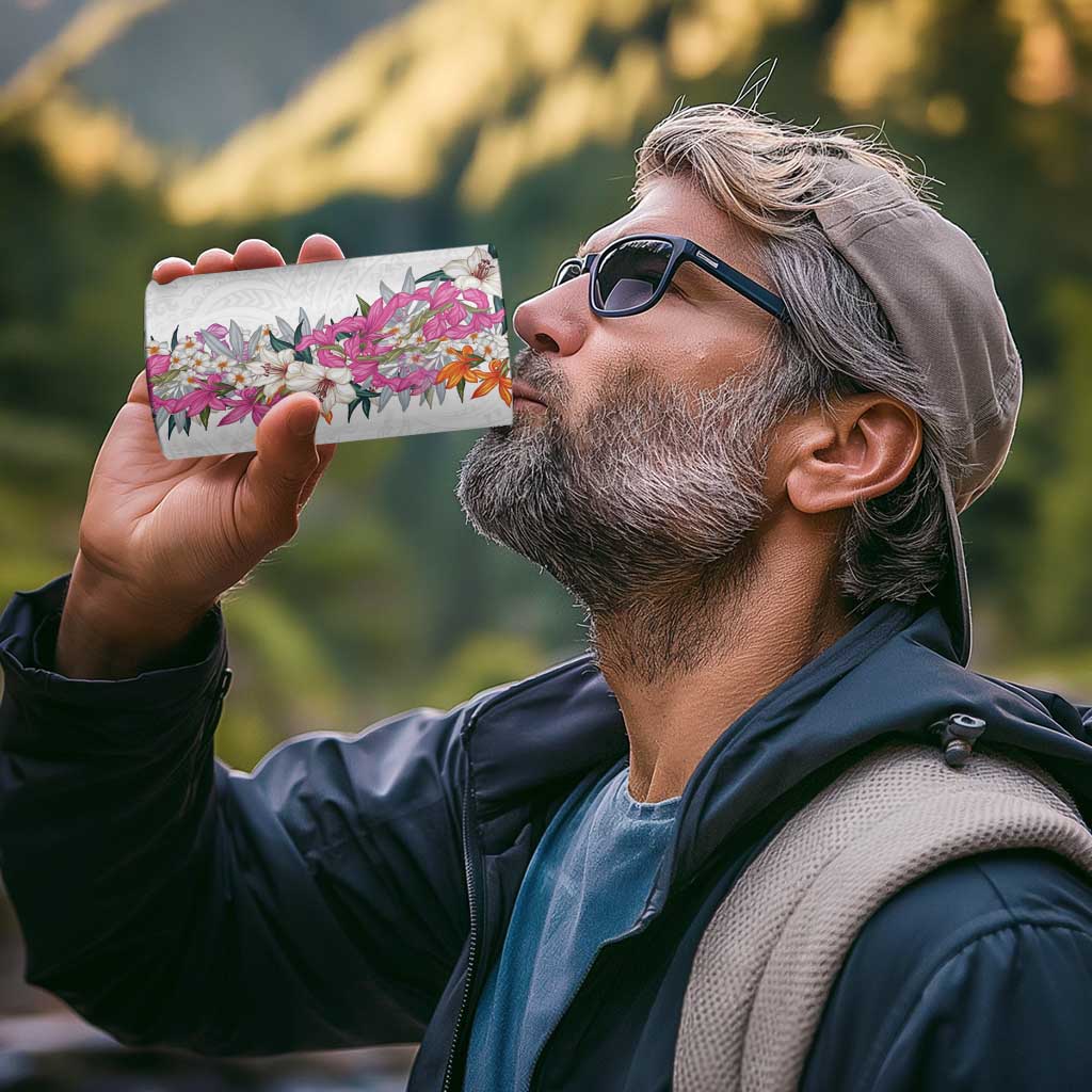 Hawaii Tropical Leaves and Flowers 4 in 1 Can Cooler Tumbler Tribal Polynesian Pattern White Style