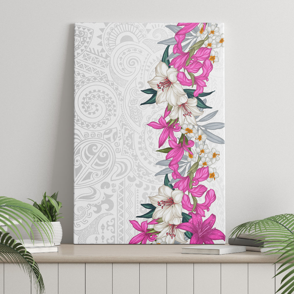 Hawaii Tropical Leaves and Flowers Canvas Wall Art Tribal Polynesian Pattern White Style