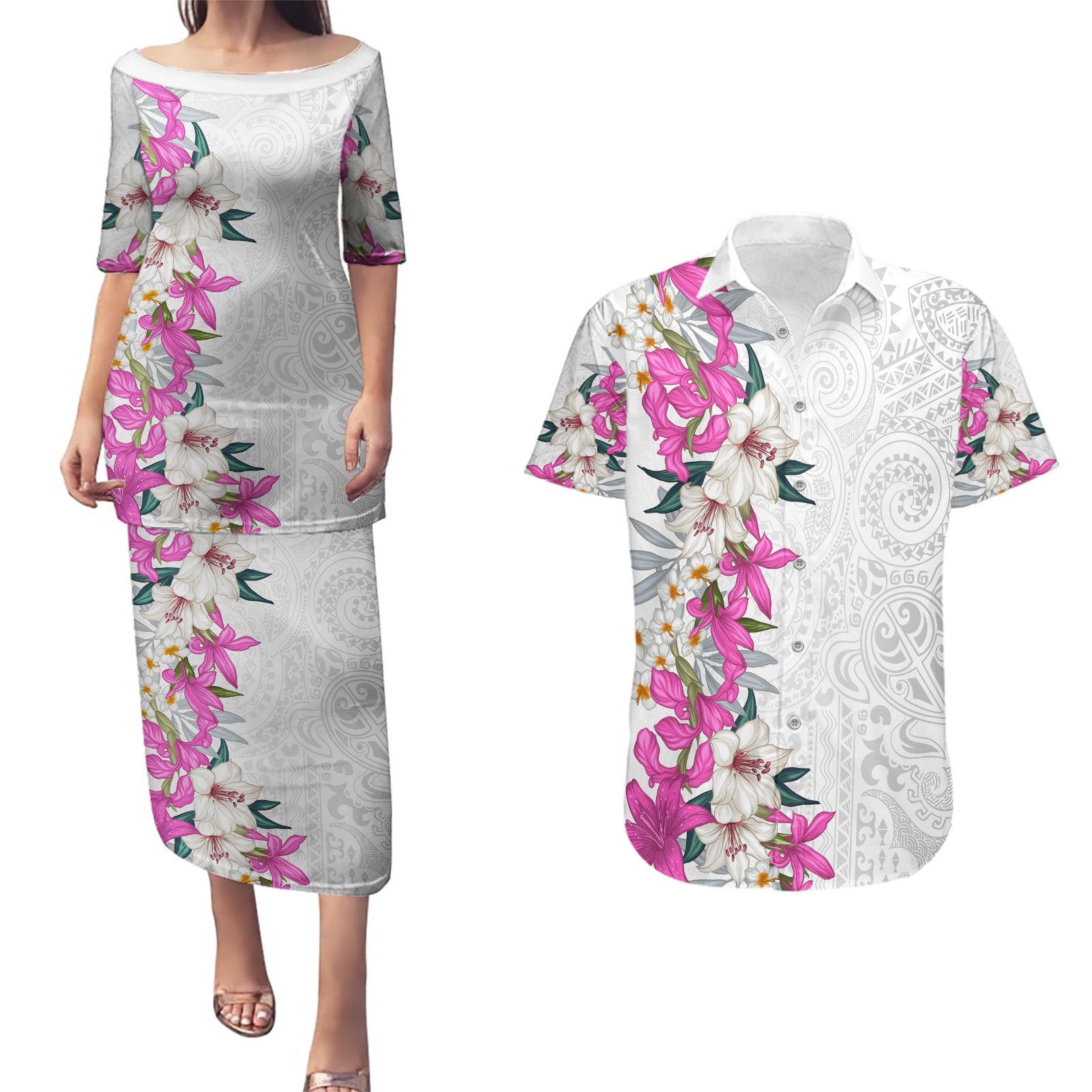 Hawaii Tropical Leaves and Flowers Couples Matching Puletasi and Hawaiian Shirt Tribal Polynesian Pattern White Style