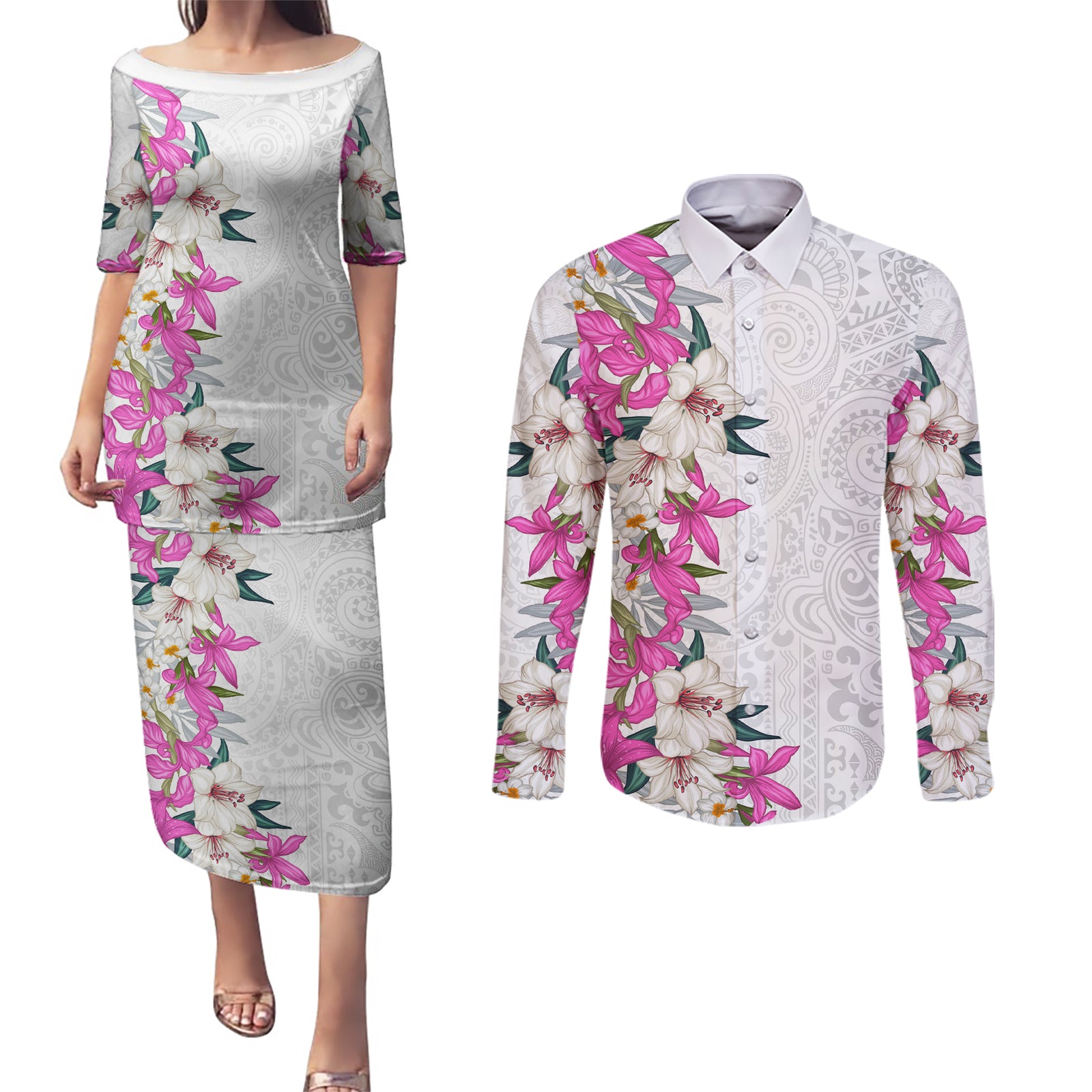 Hawaii Tropical Leaves and Flowers Couples Matching Puletasi and Long Sleeve Button Shirt Tribal Polynesian Pattern White Style