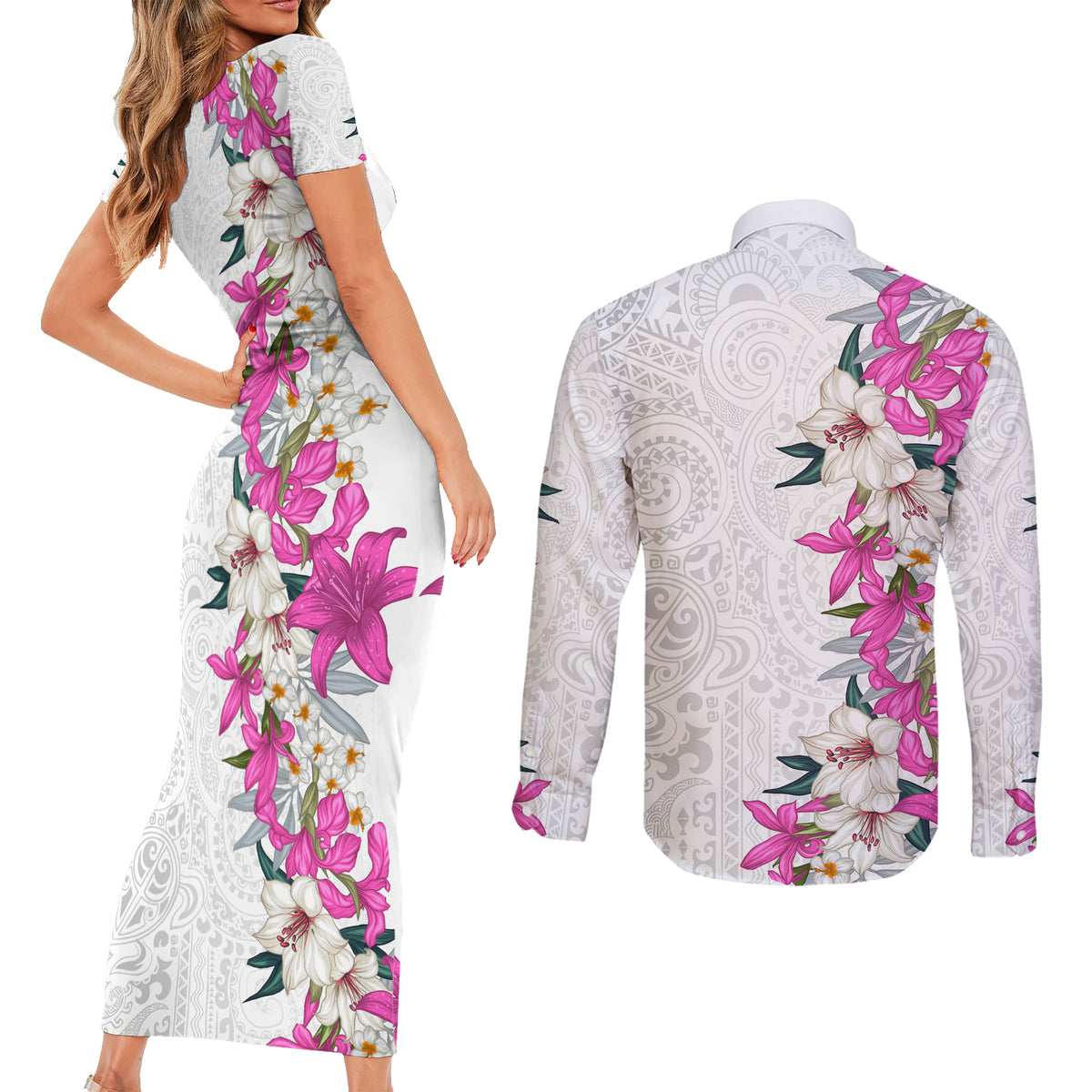 Hawaii Tropical Leaves and Flowers Couples Matching Short Sleeve Bodycon Dress and Long Sleeve Button Shirt Tribal Polynesian Pattern White Style
