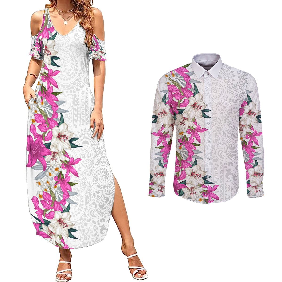 Hawaii Tropical Leaves and Flowers Couples Matching Summer Maxi Dress and Long Sleeve Button Shirt Tribal Polynesian Pattern White Style