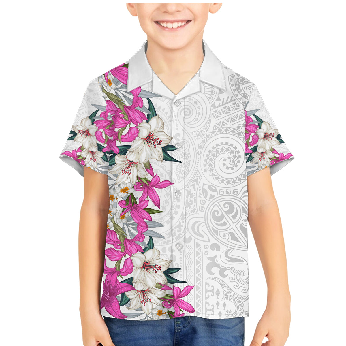 Hawaii Tropical Leaves and Flowers Family Matching Mermaid Dress and Hawaiian Shirt Tribal Polynesian Pattern White Style