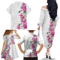 Hawaii Tropical Leaves and Flowers Family Matching Off The Shoulder Long Sleeve Dress and Hawaiian Shirt Tribal Polynesian Pattern White Style