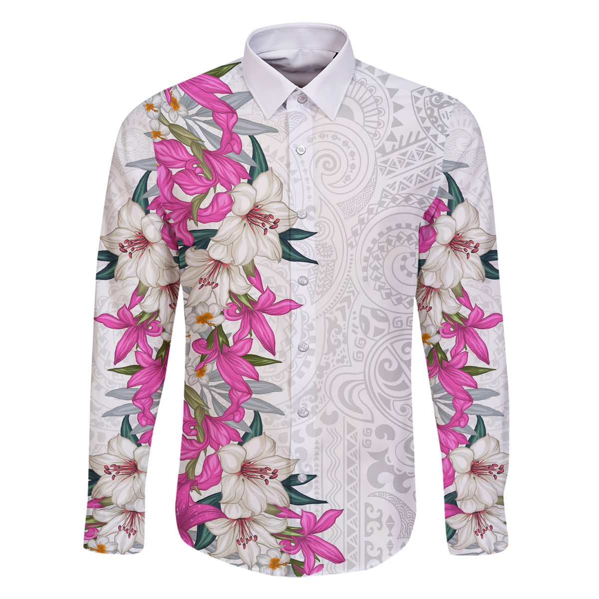 Hawaii Tropical Leaves and Flowers Family Matching Off The Shoulder Long Sleeve Dress and Hawaiian Shirt Tribal Polynesian Pattern White Style