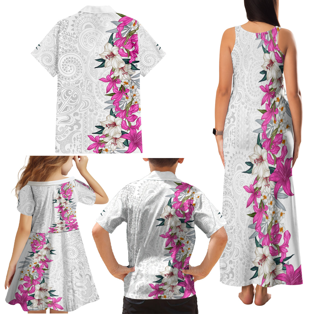 Hawaii Tropical Leaves and Flowers Family Matching Tank Maxi Dress and Hawaiian Shirt Tribal Polynesian Pattern White Style