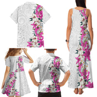 Hawaii Tropical Leaves and Flowers Family Matching Tank Maxi Dress and Hawaiian Shirt Tribal Polynesian Pattern White Style
