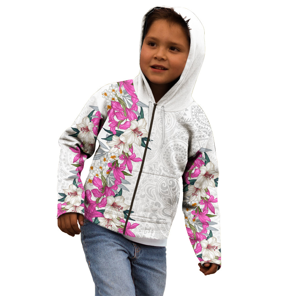 Hawaii Tropical Leaves and Flowers Kid Hoodie Tribal Polynesian Pattern White Style