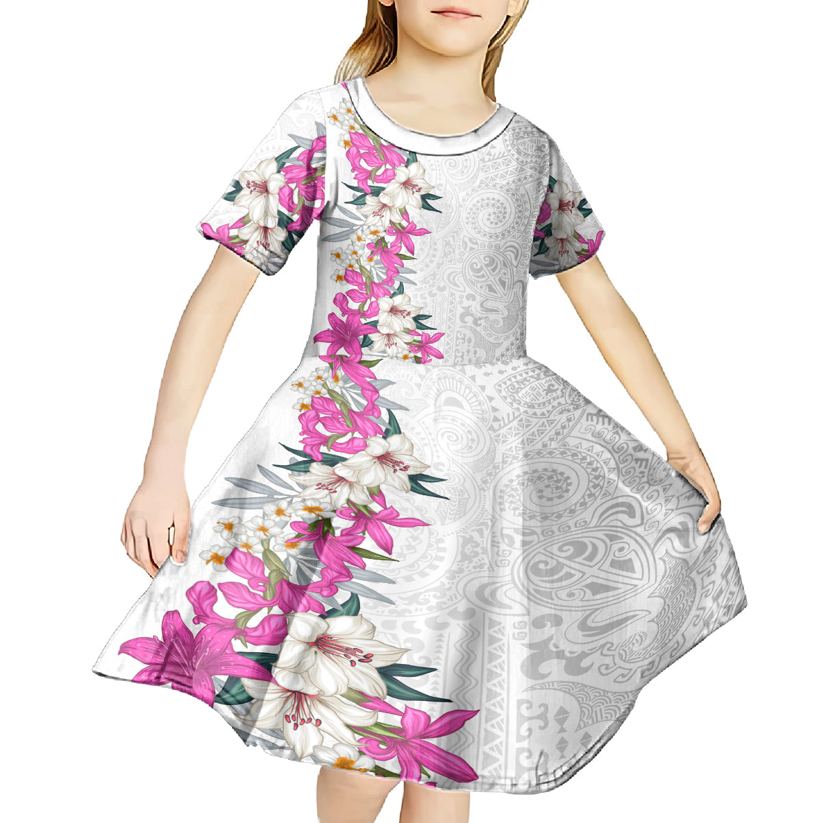 Hawaii Tropical Leaves and Flowers Kid Short Sleeve Dress Tribal Polynesian Pattern White Style