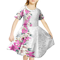 Hawaii Tropical Leaves and Flowers Kid Short Sleeve Dress Tribal Polynesian Pattern White Style