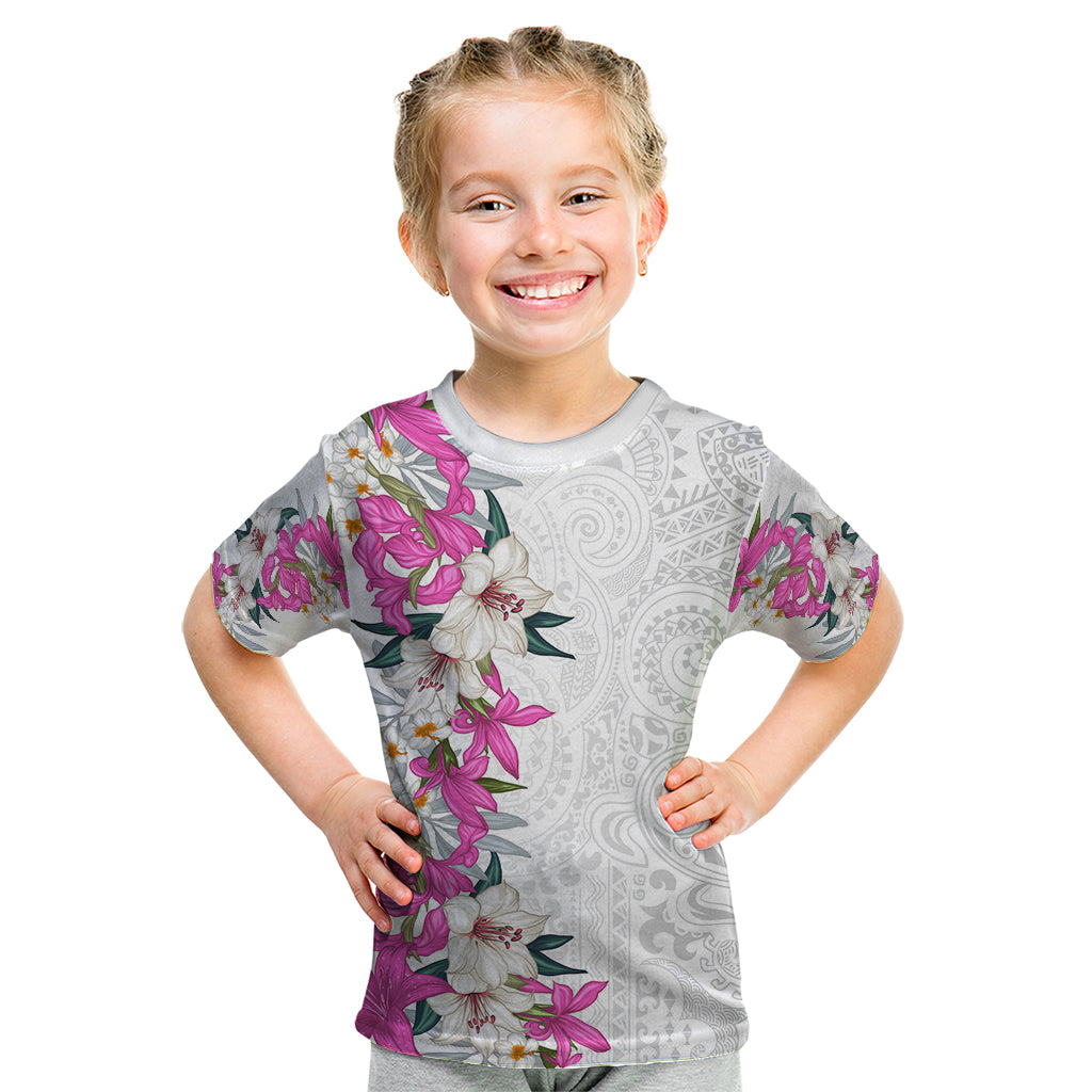 Hawaii Tropical Leaves and Flowers Kid T Shirt Tribal Polynesian Pattern White Style