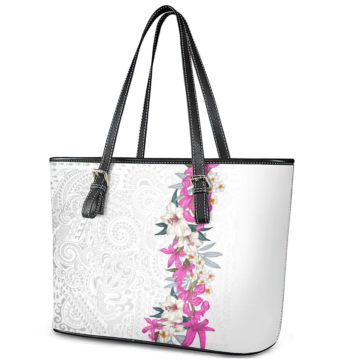 Hawaii Tropical Leaves and Flowers Leather Tote Bag Tribal Polynesian Pattern White Style