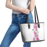 Hawaii Tropical Leaves and Flowers Leather Tote Bag Tribal Polynesian Pattern White Style