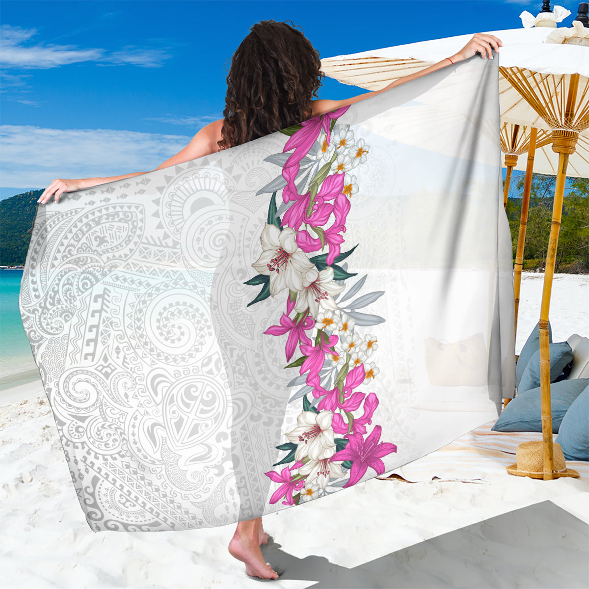 Hawaii Tropical Leaves and Flowers Sarong Tribal Polynesian Pattern White Style LT03 One Size 44 x 66 inches White - Polynesian Pride