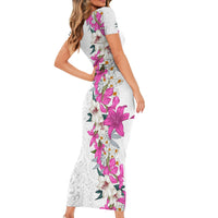 Hawaii Tropical Leaves and Flowers Short Sleeve Bodycon Dress Tribal Polynesian Pattern White Style