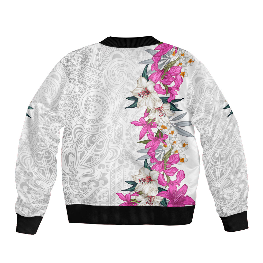Hawaii Tropical Leaves and Flowers Sleeve Zip Bomber Jacket Tribal Polynesian Pattern White Style