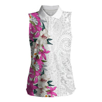 Hawaii Tropical Leaves and Flowers Women Sleeveless Polo Shirt Tribal Polynesian Pattern White Style