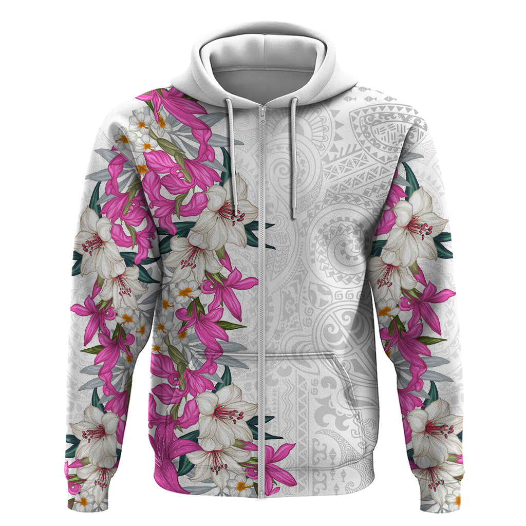 Hawaii Tropical Leaves and Flowers Zip Hoodie Tribal Polynesian Pattern White Style