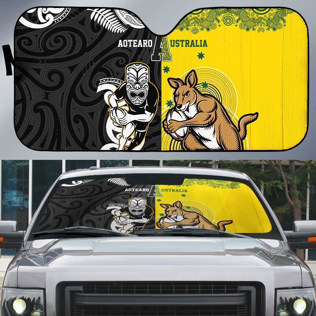 Aotearoa New Zealand and Australia Rugby Auto Sun Shade Maori Koru and Aboriginal Dot Art Cultural Heritage