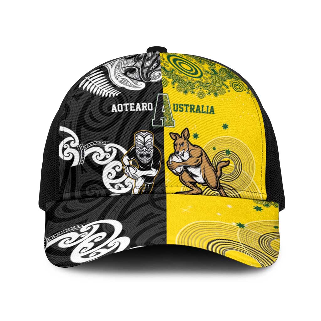 Aotearoa New Zealand and Australia Rugby Baseball Net Cap Maori Koru and Aboriginal Dot Art Cultural Heritage